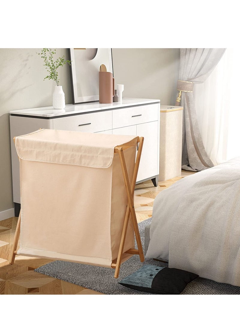 MIXDE Bamboo Laundry Hamper with Lid, Portable and Collapsible Folding Clothes Laundry Basket Storage Wooden Frame, Folding Clothes Basket Storage Bamboo Laundry Organizer Cabinet - Image 3