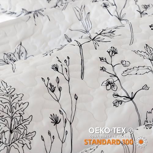 JANZAA Quilts Queen Size White Floral Bed Spread with Black Botanical Pattern Boho Queen Quilt Bedding Set Soft Lightweight Microfiber All Season (2 Pillow Cases) - Image 2
