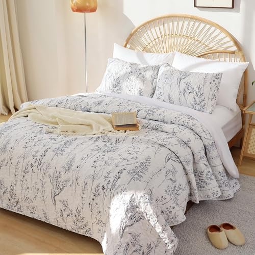JANZAA Quilts Queen Size White Floral Bed Spread with Black Botanical Pattern Boho Queen Quilt Bedding Set Soft Lightweight Microfiber All Season (2 Pillow Cases) - Image 1