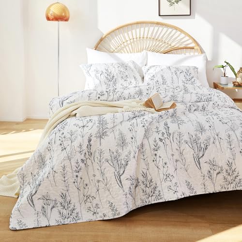 JANZAA Quilts Queen Size White Floral Bed Spread with Black Botanical Pattern Boho Queen Quilt Bedding Set Soft Lightweight Microfiber All Season (2 Pillow Cases) - Image 5