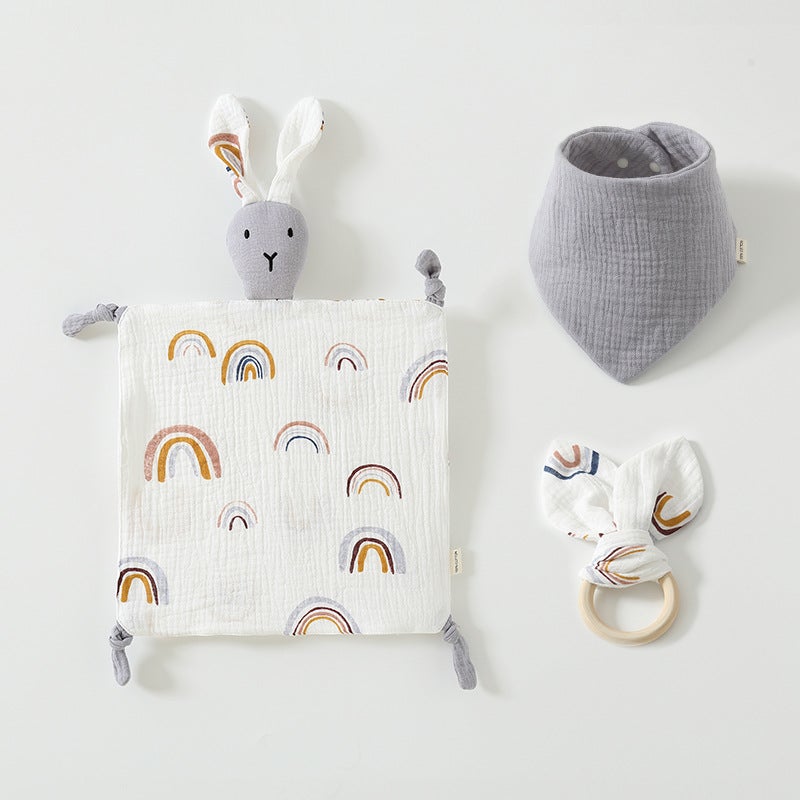 Pure Cotton Gauze Baby Sleeping Doll Three-Piece Set Of 4-Layer Rabbit Ambulance Towel 6-Layer Triangle Wooden Ring - Image 4