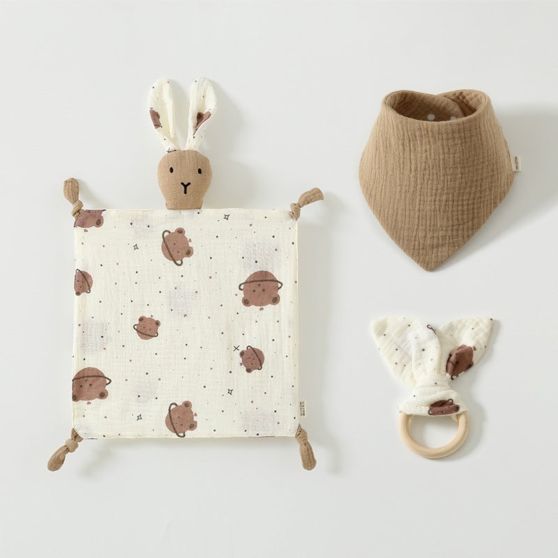 Pure Cotton Gauze Baby Sleeping Doll Three-Piece Set Of 4-Layer Rabbit Ambulance Towel 6-Layer Triangle Wooden Ring - Image 1