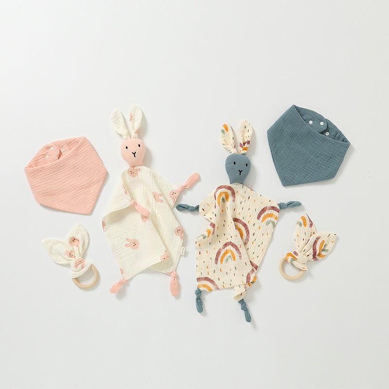 Pure Cotton Gauze Baby Sleeping Doll Three-Piece Set Of 4-Layer Rabbit Ambulance Towel 6-Layer Triangle Wooden Ring - Image 5