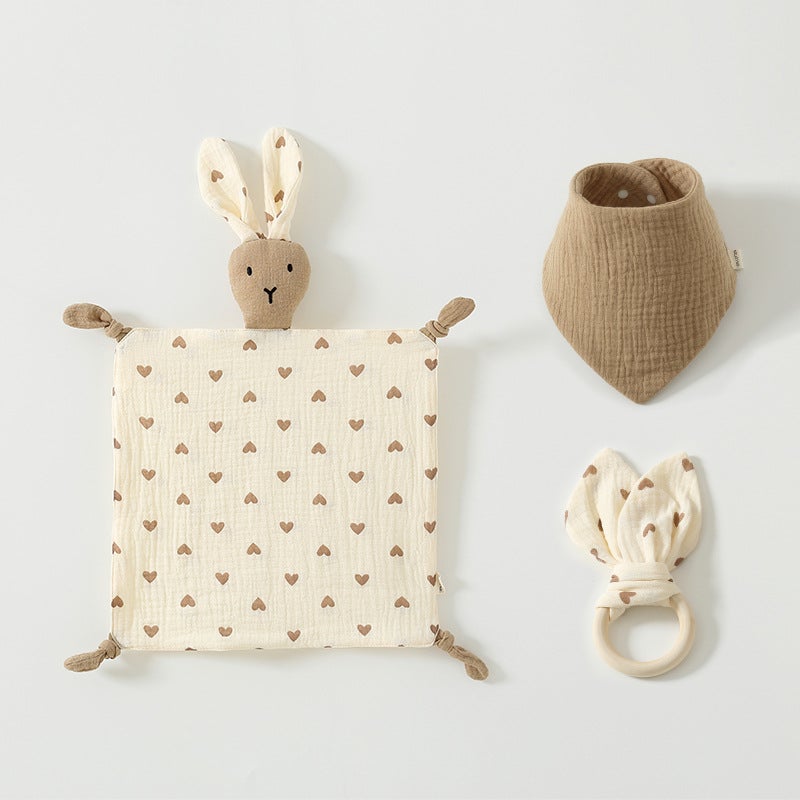 Pure Cotton Gauze Baby Sleeping Doll Three-Piece Set Of 4-Layer Rabbit Ambulance Towel 6-Layer Triangle Wooden Ring - Image 2
