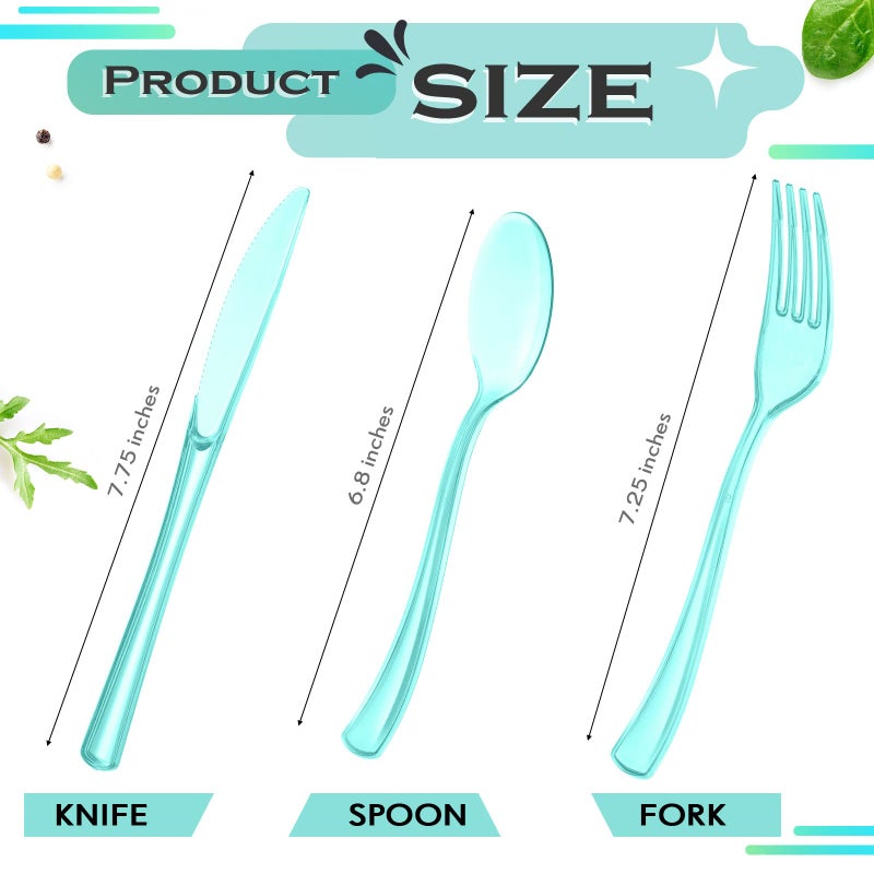 Minatee 150 Pieces Disposable Cutlery Set Plastic Silverware Heavy Duty Utensil Sets 50 Forks 50 Knives 50 Spoons for Home Office School Party Picnics Restaurant Outdoor Events or Every Day Use (Light Green) - Image 2