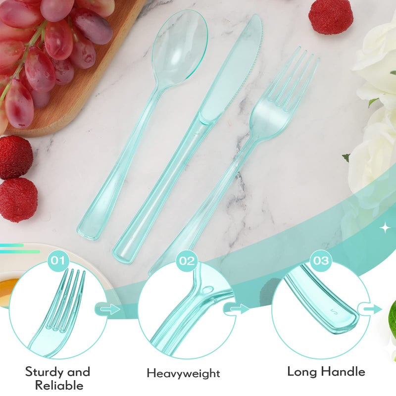 Minatee 150 Pieces Disposable Cutlery Set Plastic Silverware Heavy Duty Utensil Sets 50 Forks 50 Knives 50 Spoons for Home Office School Party Picnics Restaurant Outdoor Events or Every Day Use (Light Green) - Image 3