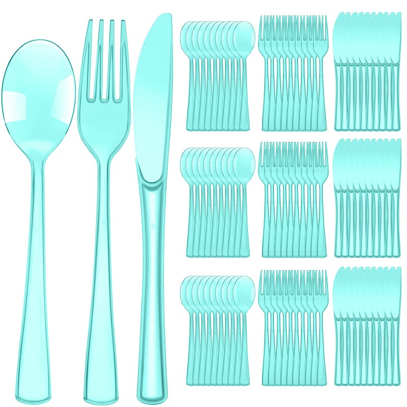 Minatee 150 Pieces Disposable Cutlery Set Plastic Silverware Heavy Duty Utensil Sets 50 Forks 50 Knives 50 Spoons for Home Office School Party Picnics Restaurant Outdoor Events or Every Day Use (Light Green) - Image 1