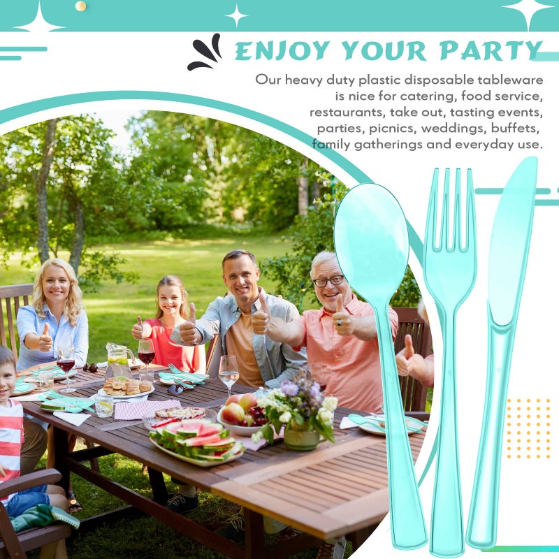 Minatee 150 Pieces Disposable Cutlery Set Plastic Silverware Heavy Duty Utensil Sets 50 Forks 50 Knives 50 Spoons for Home Office School Party Picnics Restaurant Outdoor Events or Every Day Use (Light Green) - Image 5