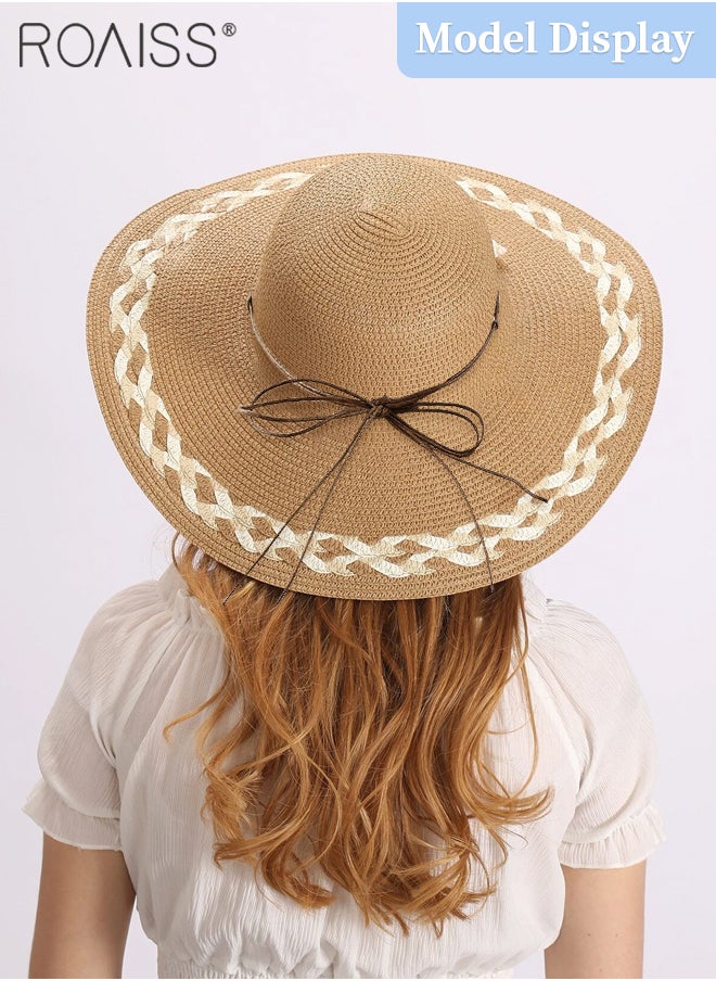 roaiss - Braided Trim Wide Brim Hat for Women Shell Decor Sun Protection Vacation Fashion Straw Hat for Ladies Summer Beach Foldable Cap Khaki - Image 1