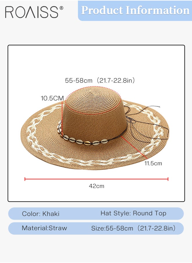 roaiss - Braided Trim Wide Brim Hat for Women Shell Decor Sun Protection Vacation Fashion Straw Hat for Ladies Summer Beach Foldable Cap Khaki - Image 1