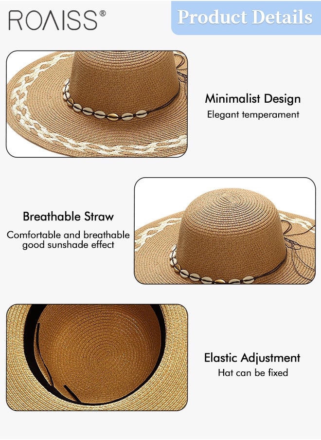 roaiss - Braided Trim Wide Brim Hat for Women Shell Decor Sun Protection Vacation Fashion Straw Hat for Ladies Summer Beach Foldable Cap Khaki - Image 1