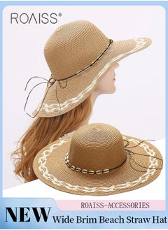 roaiss Braided Trim Wide Brim Hat for Women Shell Decor Sun Protection Vacation Fashion Straw Hat for Ladies Summer Beach Foldable Cap Khaki  - Image 1