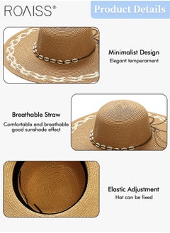 roaiss Braided Trim Wide Brim Hat for Women Shell Decor Sun Protection Vacation Fashion Straw Hat for Ladies Summer Beach Foldable Cap Khaki  - Image 5