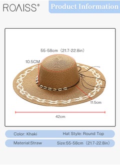 roaiss Braided Trim Wide Brim Hat for Women Shell Decor Sun Protection Vacation Fashion Straw Hat for Ladies Summer Beach Foldable Cap Khaki  - Image 3