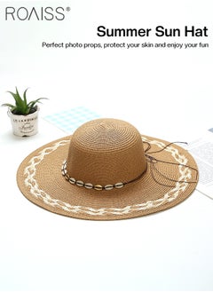 roaiss Braided Trim Wide Brim Hat for Women Shell Decor Sun Protection Vacation Fashion Straw Hat for Ladies Summer Beach Foldable Cap Khaki  - Image 4