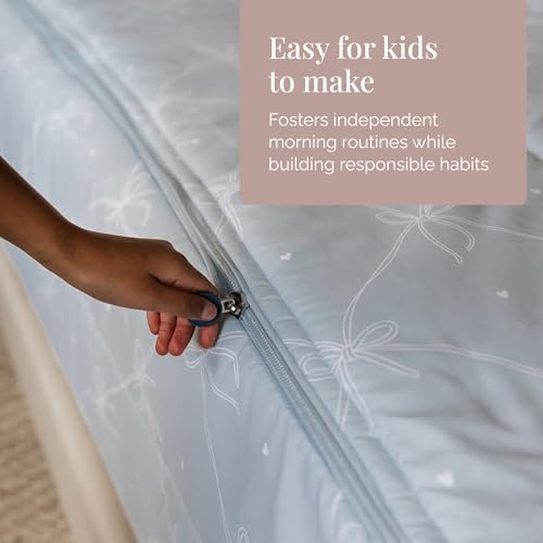 Beddy's Ribbon & Bow Theme Durable Zipper Bedding for Kids - Bed in a Bag - White Striped Sheets with Baby Blue Comforter - Includes 2 Pillowcases & 2 Shams - Queen - Image 4