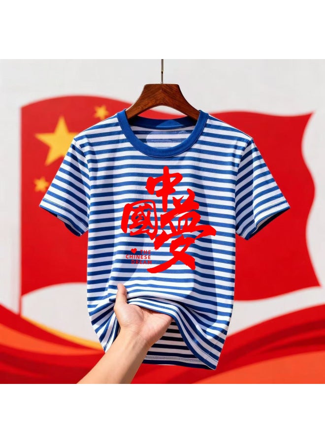 Primary And Middle School Students Red Scarf Activity Class Clothes National Day Family Clothes Pure Cotton Sea Soul Shirt T-shirt Short Sleeve Blue And White Striped Trendy