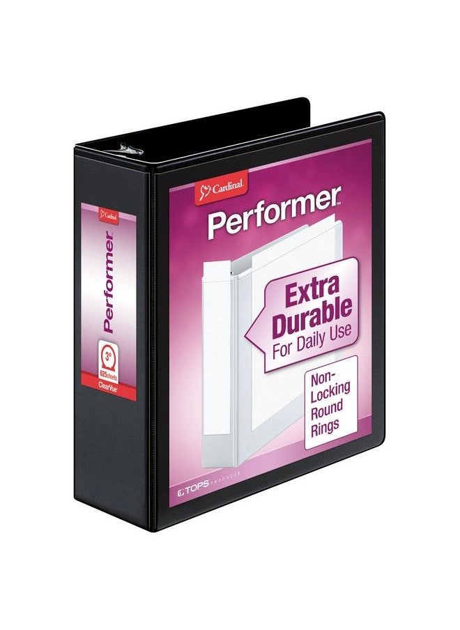 Cardinal 3 Ring Binder 3 Inch Performer Clearvue Binder Round Rings 625Sheet Capacity Customizable Clearvue Covers Pvcfree Black (67525)  - Image 1
