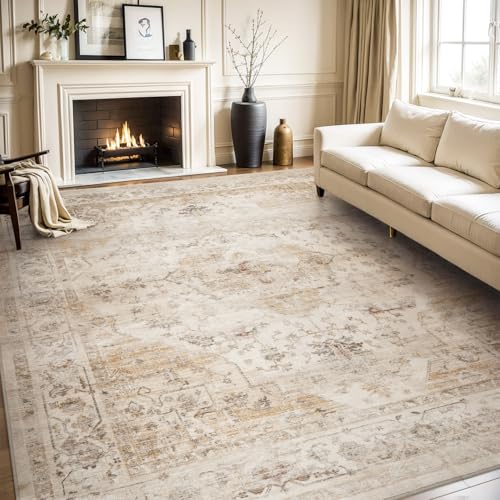 AMOAMI-Area Rug 5X7 Rugs for Living Room-Vintage Soft Beige Rugs for Bedroom-Non Slip Carpet-Machine Washable Rug for Dining Room Living Room Bedroom Office Under Table-Beige - Image 1