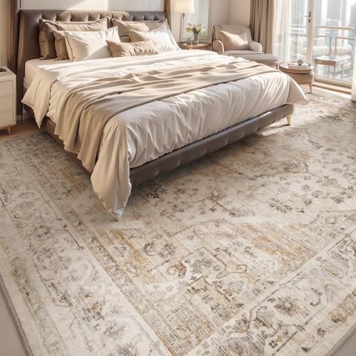 AMOAMI-Area Rug 5X7 Rugs for Living Room-Vintage Soft Beige Rugs for Bedroom-Non Slip Carpet-Machine Washable Rug for Dining Room Living Room Bedroom Office Under Table-Beige - Image 2