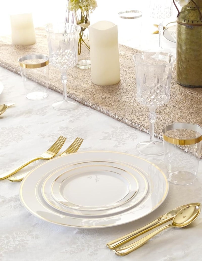 OCCASIONS FINEST PLASTIC TABLEWARE " OCCASIONS " 50 Plates Pack (25 Guests)-Heavyweight Wedding Party Disposable Plastic Plate Set -25 x 10.5'' Dinner + 25 x 7.5'' Salad/Dessert plates (White & Gold Rim) - Image 4