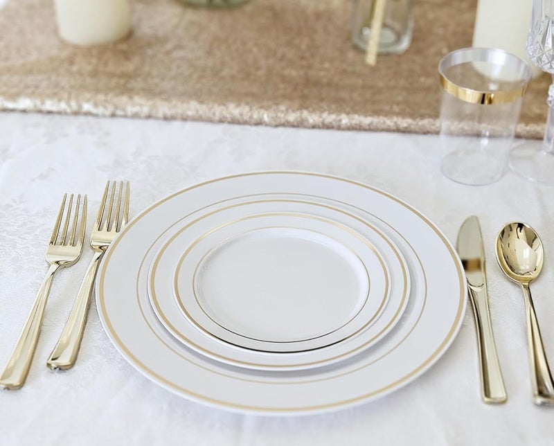 OCCASIONS FINEST PLASTIC TABLEWARE " OCCASIONS " 50 Plates Pack (25 Guests)-Heavyweight Wedding Party Disposable Plastic Plate Set -25 x 10.5'' Dinner + 25 x 7.5'' Salad/Dessert plates (White & Gold Rim) - Image 5