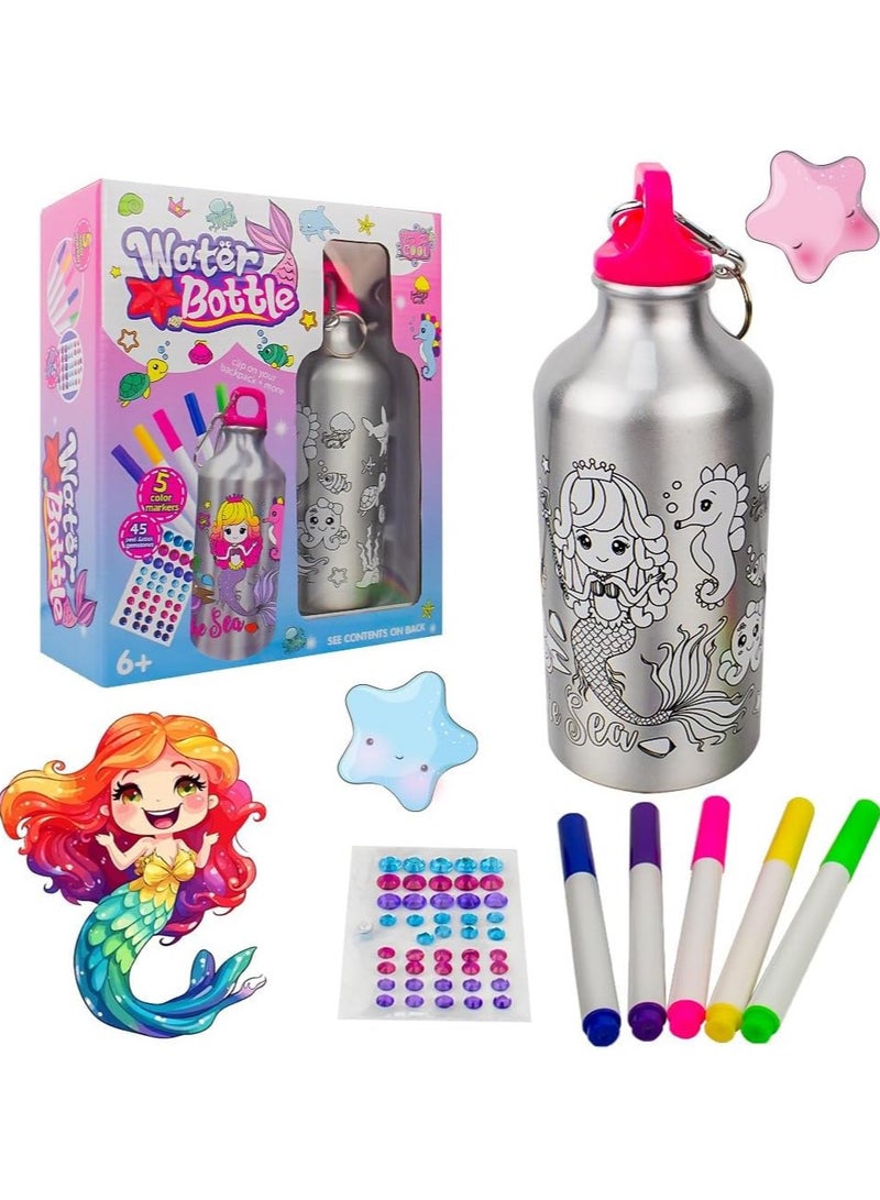 UKR Eco-Friendly Water Bottle DIY Art Craft Kit - Steel Aluminum with Silicone Seal | Decorate Your Own Mermaid Water Bottle with 45 Stickers & 5 Markers | Leakproof & Fun for Kids - Image 1
