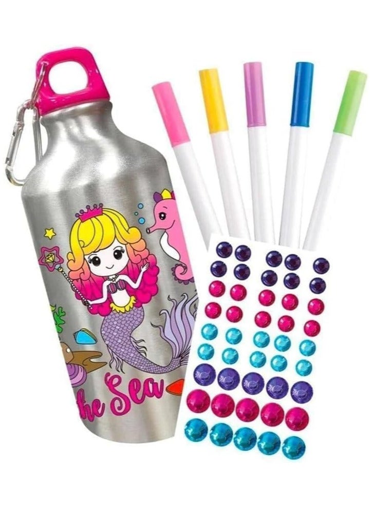 UKR Eco-Friendly Water Bottle DIY Art Craft Kit - Steel Aluminum with Silicone Seal | Decorate Your Own Mermaid Water Bottle with 45 Stickers & 5 Markers | Leakproof & Fun for Kids - Image 2