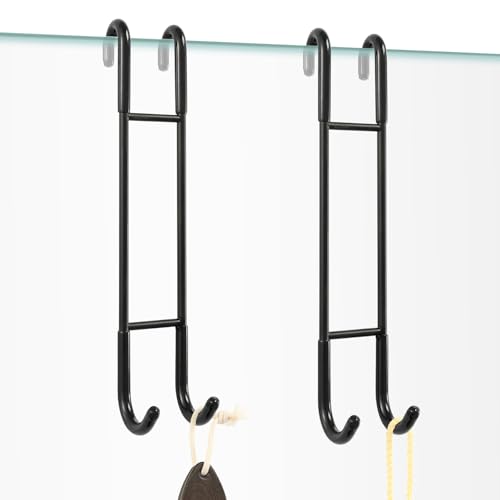 NINETREX Shower Door Hooks,Over Glass Door Hooks for Bathrooms Frameless Glass,Heavy Duty SUS 304 Stainless Steel Hook for Towels,Squeegee,Loofah,Shaver,Robe,2 Pack,Black,10Inch - Image 1