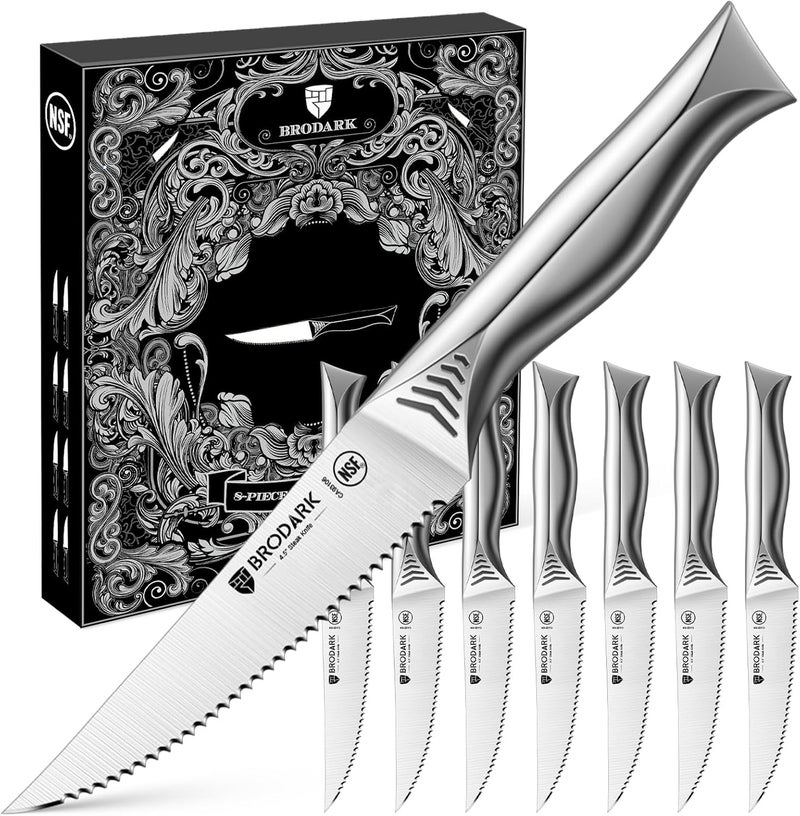 BRODARK Steak Knives Set of 8: 4.5 Inch Serrated Steak Knives - High Carbon Stainless Steel Kitchen Steak Knife Set - Never Need Sharpening - NSF Certified, Shark Series - Image 1