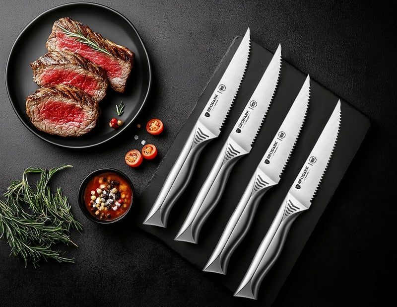BRODARK Steak Knives Set of 8: 4.5 Inch Serrated Steak Knives - High Carbon Stainless Steel Kitchen Steak Knife Set - Never Need Sharpening - NSF Certified, Shark Series - Image 2