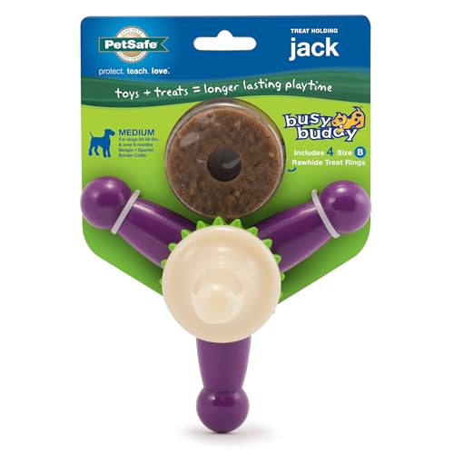 PetSafe Busy Buddy Jack Keeps Dog Busy Includes Treats Refill Treat Holding Dog Toy Helps Clean Teeth Durable Rubber Strong Chewers Dishwasher Safe Medium Purple - Image 1