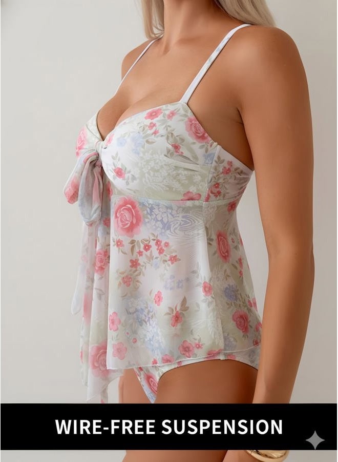 B2prity Womens Mesh Tankini Swimsuits Flowy Two Piece Bathing Suit V Neck Tie Knot Swim Top with High Waisted Bottom, Brown Red Floral, XL - Image 4