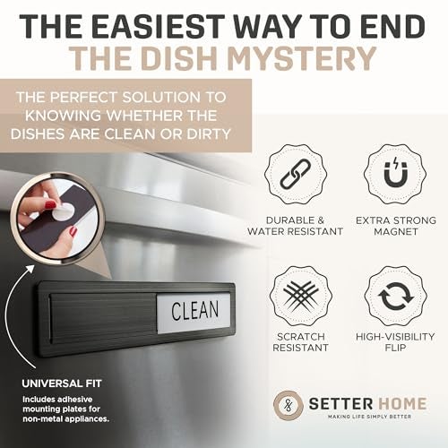 SETTER HOME Clean dirty magnet for dishwasher, Premium Stainless Steel Black Clean Dirty Sign Indicator - Grade 304 Clean Dirty Magnet for Dishwasher, Easy to Read with Extra Adhesive Tape (Black/white) - Image 2