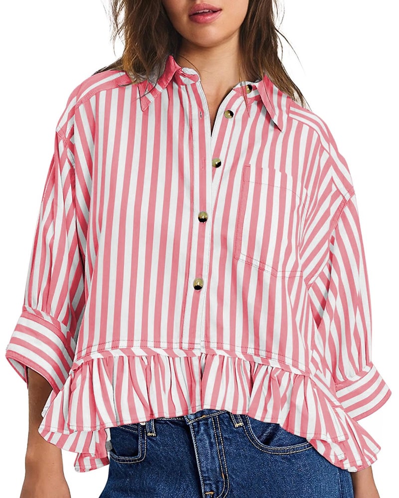 CHYRII Womens Summer Tops Dressy Casual Blouse Top Ruffled Short Sleeve Button Down Striped Shirt Red M