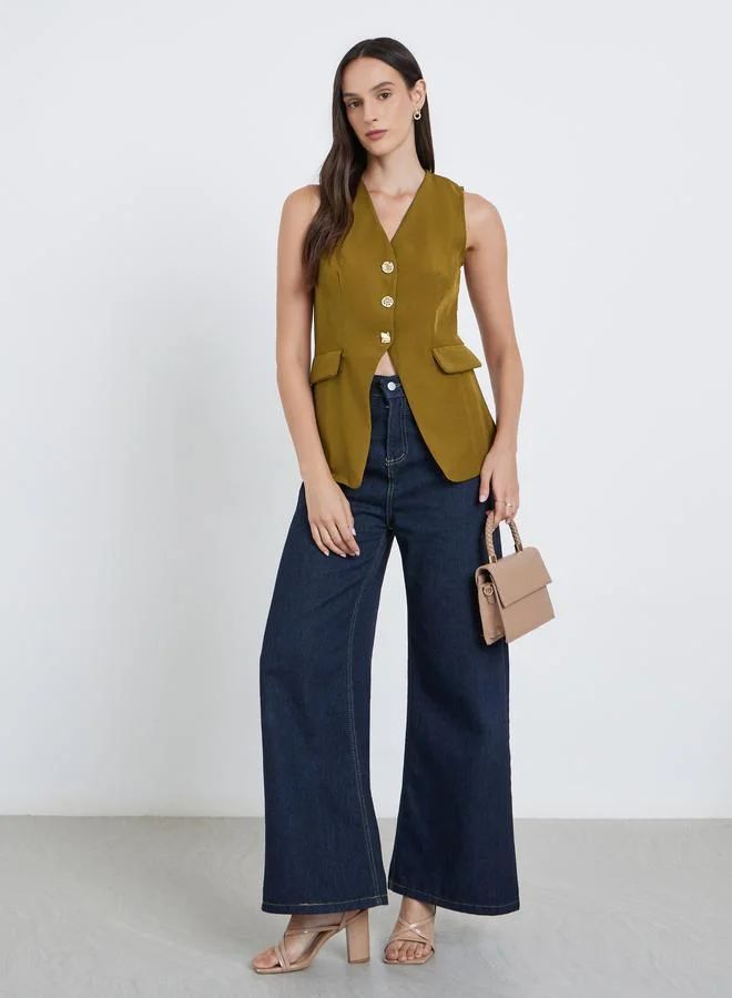 Styli Styli Solid Tailored Sleeveless Buttoned Vest