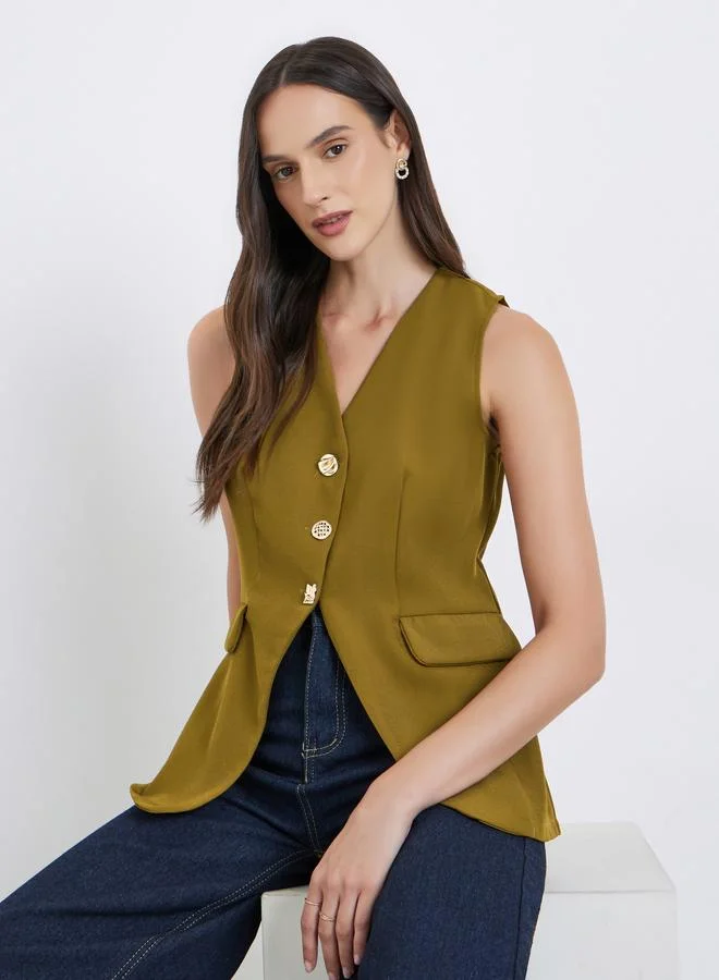 Styli Styli Solid Tailored Sleeveless Buttoned Vest