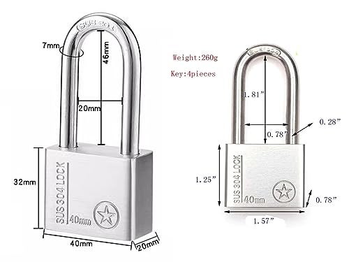 WANLIAN Stainless Steel 40mm Long Beam Padlock - Keyed Lock with 4 Keys, Suitable for Gym Locker, Toolboxes, Doors, Fence (Silver) - Image 3