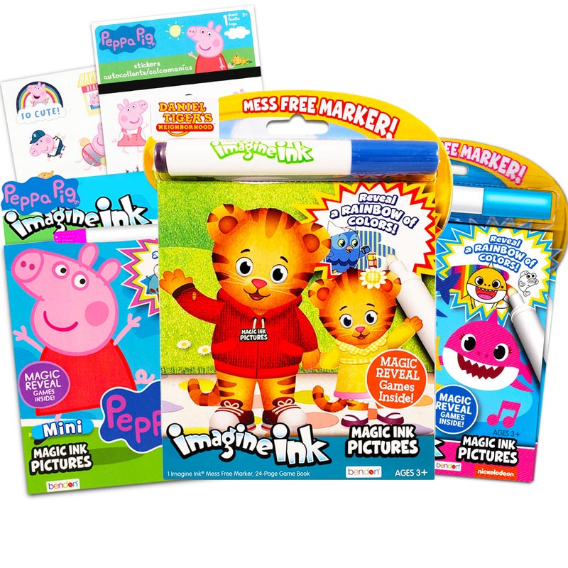Daniel Tiger مجموعة كتب تلوين Imagine Ink ~ 3 عبوات كتب أنشطة سحرية بدون فوضى مع دانيال تايجر، بيبا بيغ، وبيبي شارك مع ملصقات بيبا بيغ - Image 1