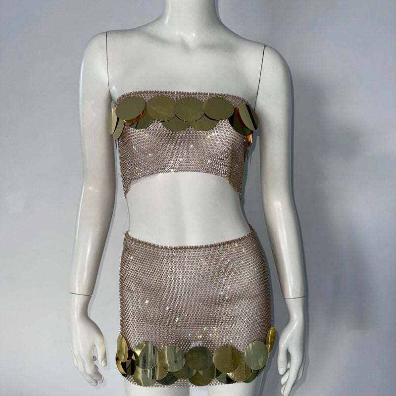 ''s Best-Selling Fashion Suit and Cross-Border Women''s Fishnet Rhinestone Tube Top Skirt Two-Piece Hot Girl Outfit - Image 1