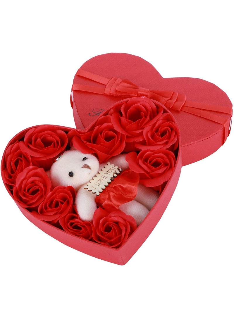 MileMelo Romantic Roses Flower Gift Box with Cute Teddy Bear and Tag I Love You Heart-Shaped Artificial Rose Scented Bath Body Petal for Valentines Day Mother's Day Birthday Gift Red  - Image 1