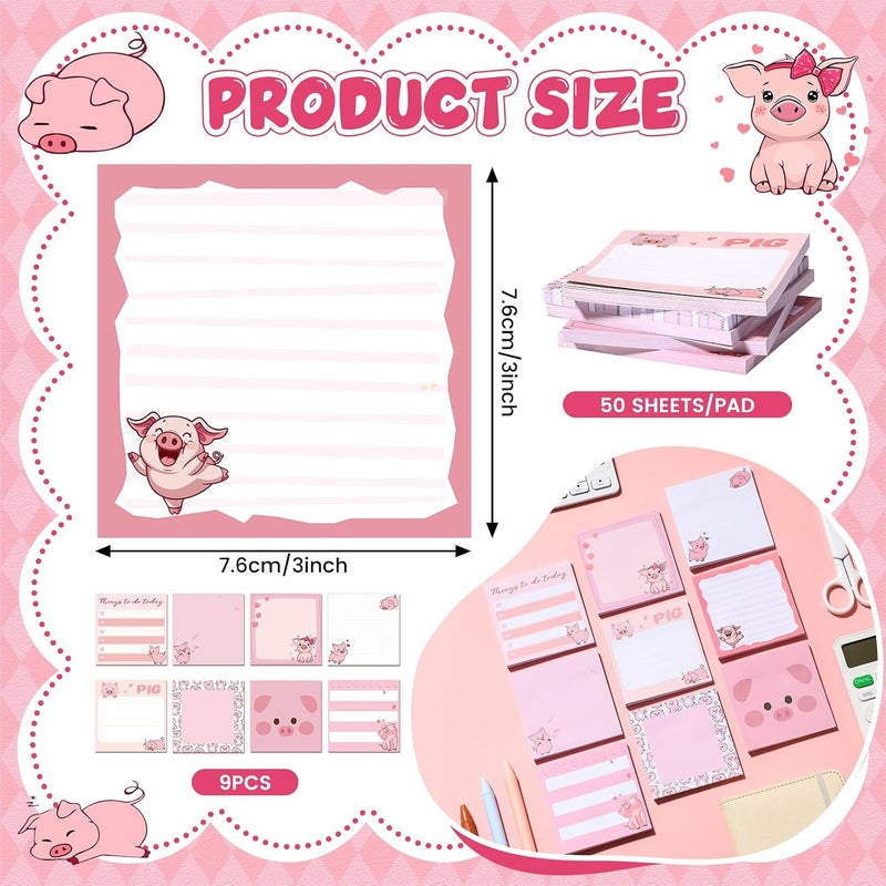 Saypacck 9 Pads Cute Sticky Notes Cartoon Animal Self Stick Notepads 3x3 Inches Notes Adhesive Memo Pad Office Decor Gifts for Students School Office Meeting (Pig) - Image 2