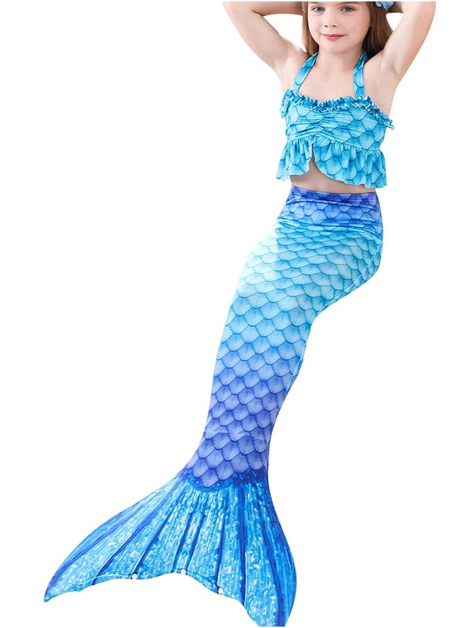 MARGOUN 3 PCS The Little Mermaid Tails Costume Set for Girls Princess Dress Bikini Kids Swimsuit Dark Blue  - Image 4