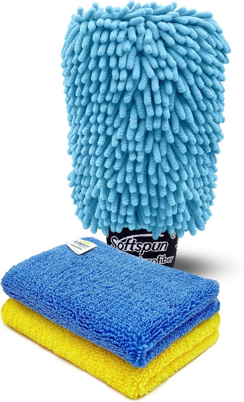 SOFTSPUN Microfiber Chenille & Glass Cloth Mitt 1 Piece Combo 1700 GSM Sky Blue Multipurpose Super Absorbent and Perfect Wash Clean with LintScratch Free Cars Window Kitchen Home Dusting. - Image 1
