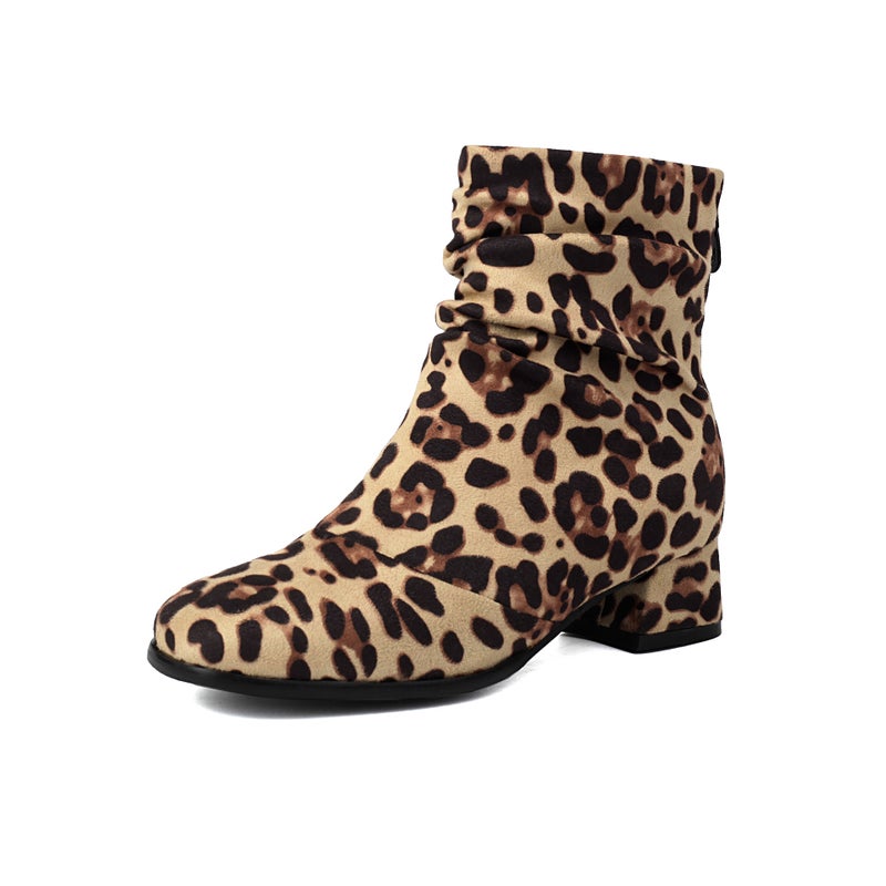 Round Head Back Zipper With 40-43 Plus Size Leopard Print Low Tube Women'S Boots Tide - Image 1