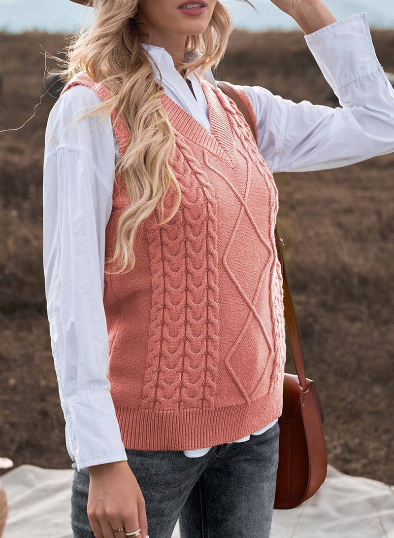 EVALESS Womens Fashion Sweater Vest V Neck Sleeveless Sweaters for Women Cable Knit Solid Color Tops Loose Casual Soft Sweater Red Medium - Image 5