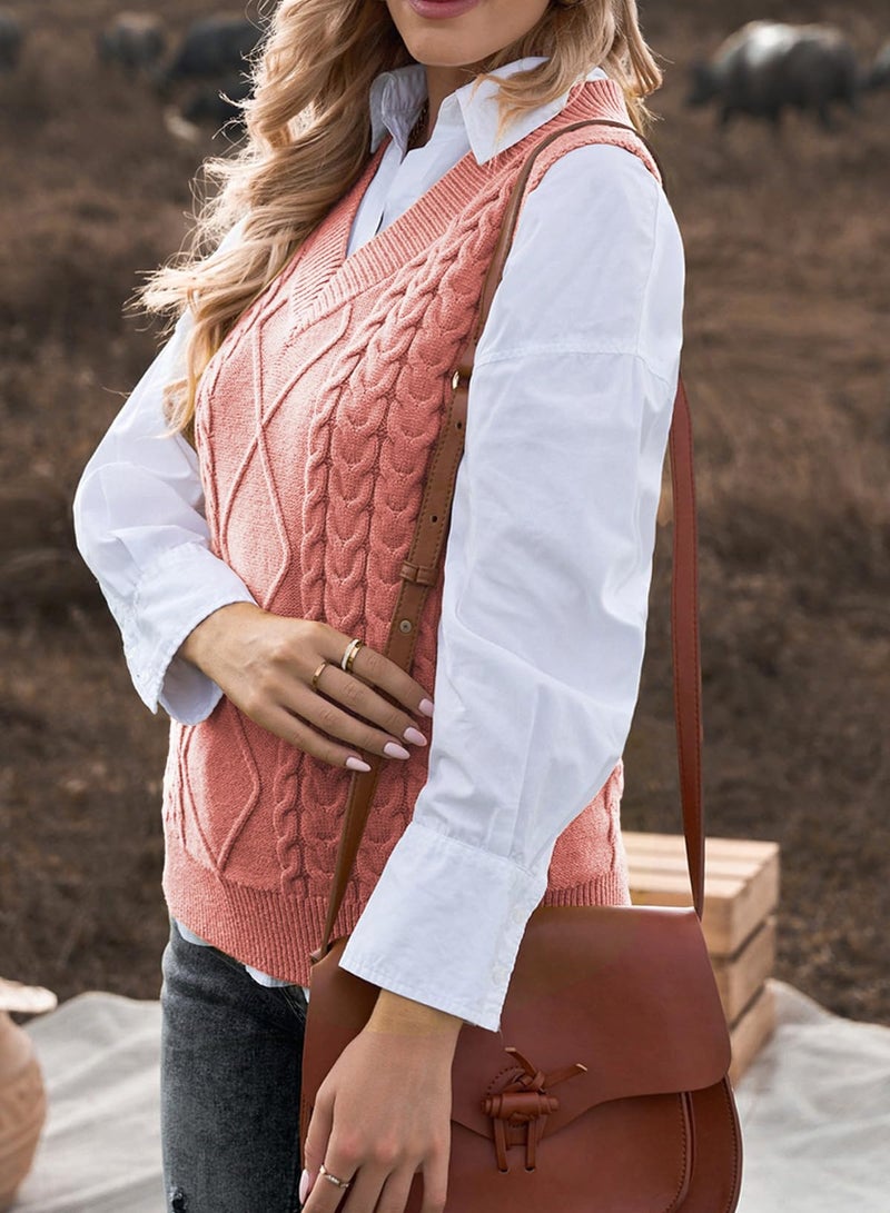 EVALESS Womens Fashion Sweater Vest V Neck Sleeveless Sweaters for Women Cable Knit Solid Color Tops Loose Casual Soft Sweater Red Medium - Image 4