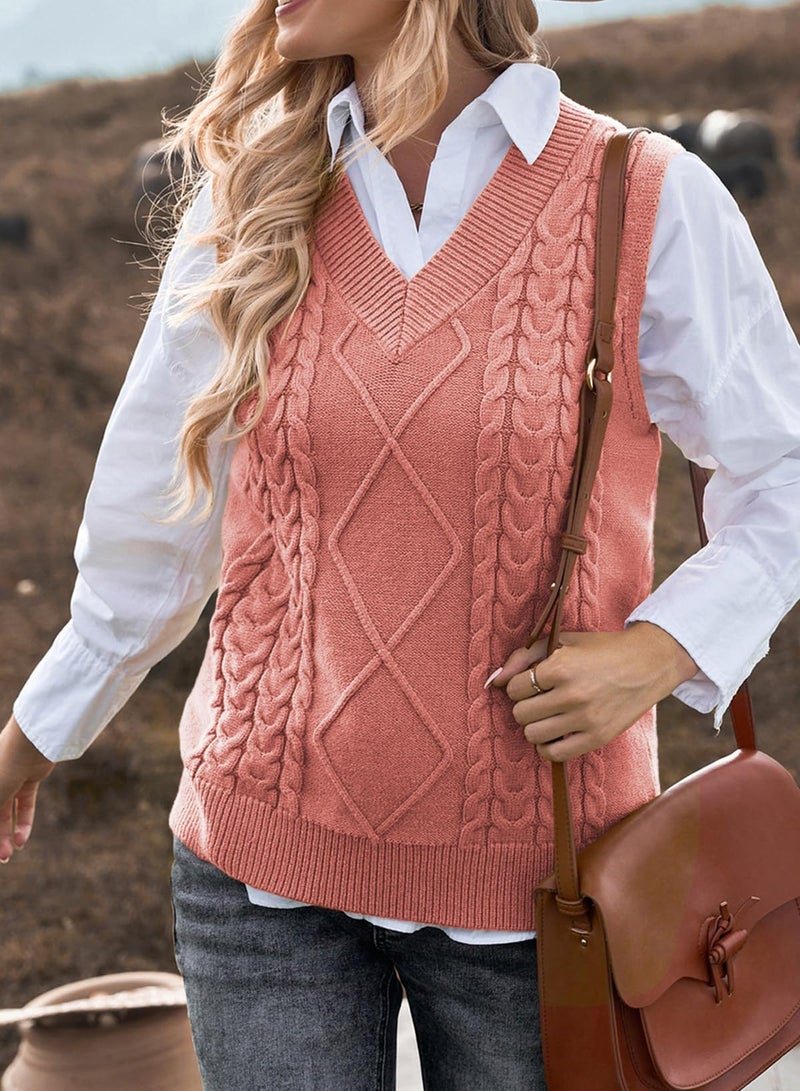 EVALESS Womens Fashion Sweater Vest V Neck Sleeveless Sweaters for Women Cable Knit Solid Color Tops Loose Casual Soft Sweater Red Medium - Image 2