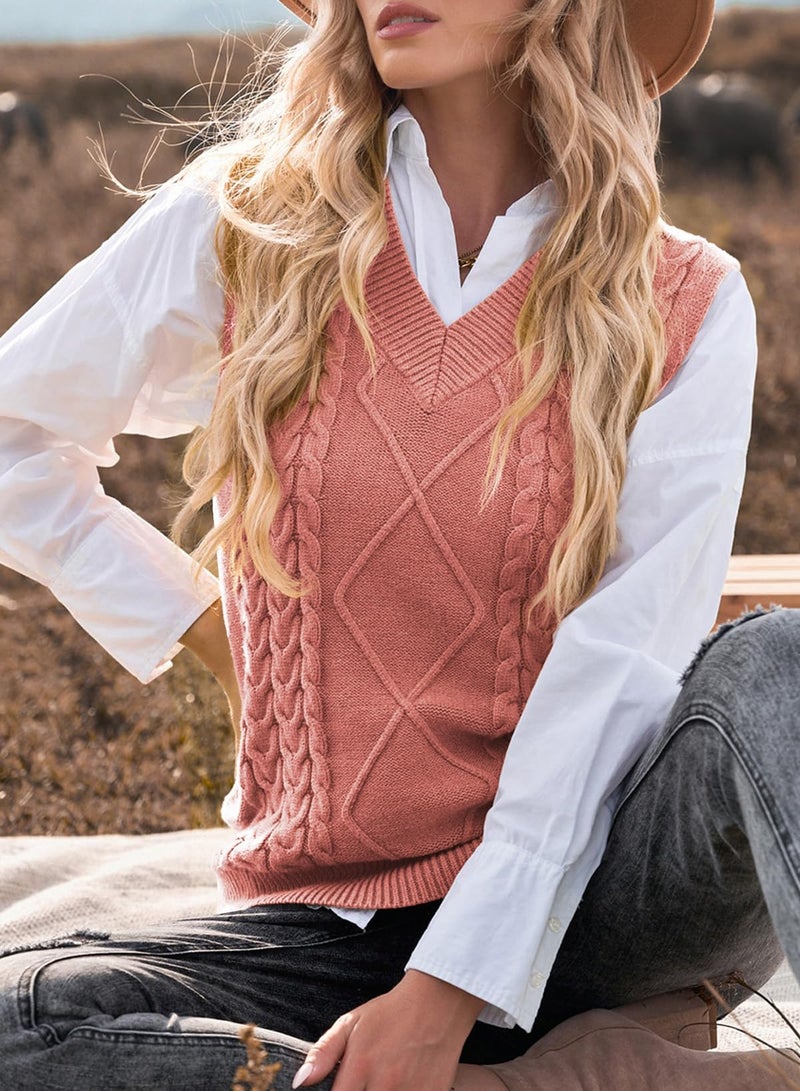 EVALESS Womens Fashion Sweater Vest V Neck Sleeveless Sweaters for Women Cable Knit Solid Color Tops Loose Casual Soft Sweater Red Medium - Image 3