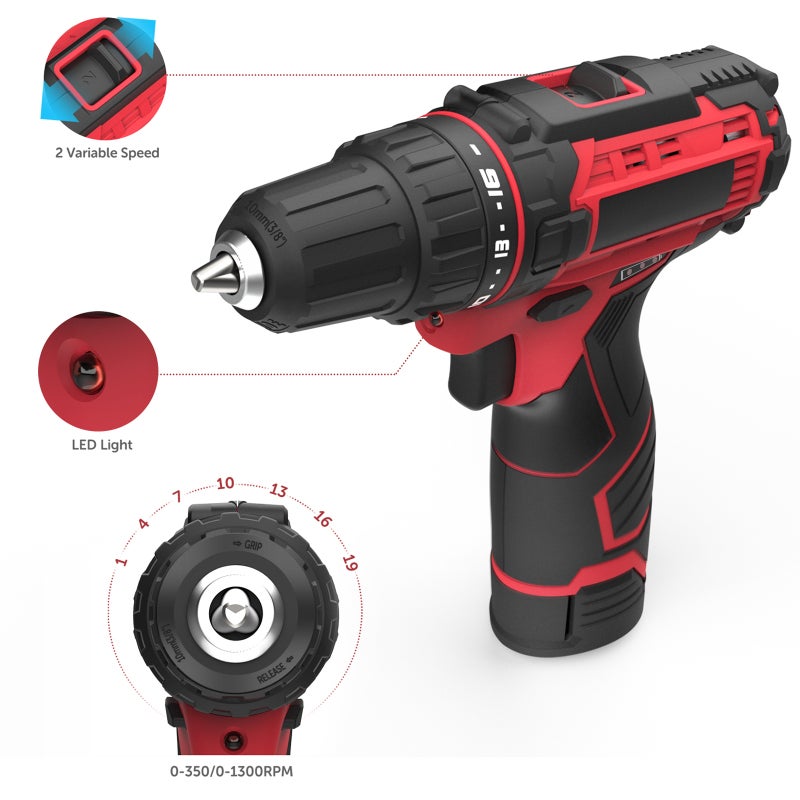 Cordless Drill Driver Kit: 12V 280In-lb Torque 18+1 Clutch, 3/8 Keyless Chuck Forward Reverse Control - Lightweight Ergonomic Design With Front LED, Power Drill Set for Household Reconstruction DIY Ha - Image 5